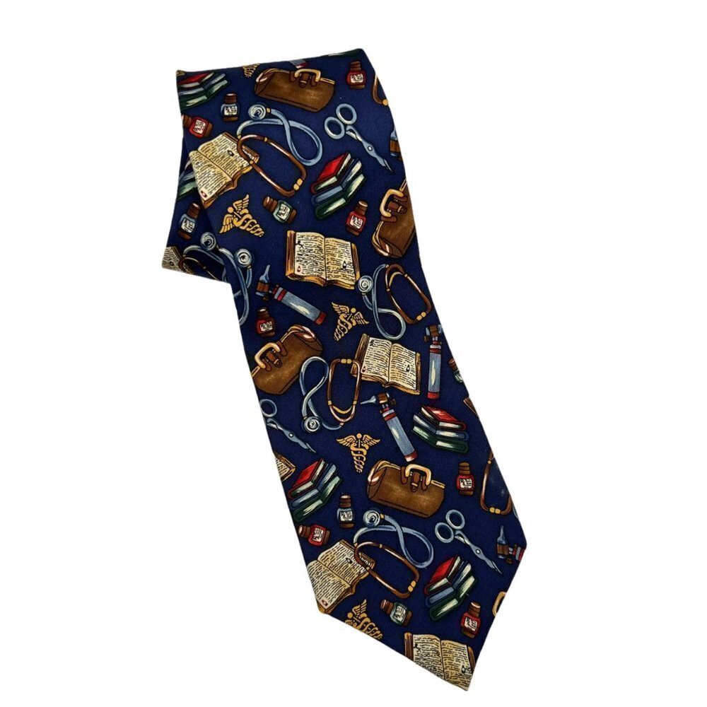 𝅺alynn Medical Is There a Doctor In the House Blue 100% Silk Necktie